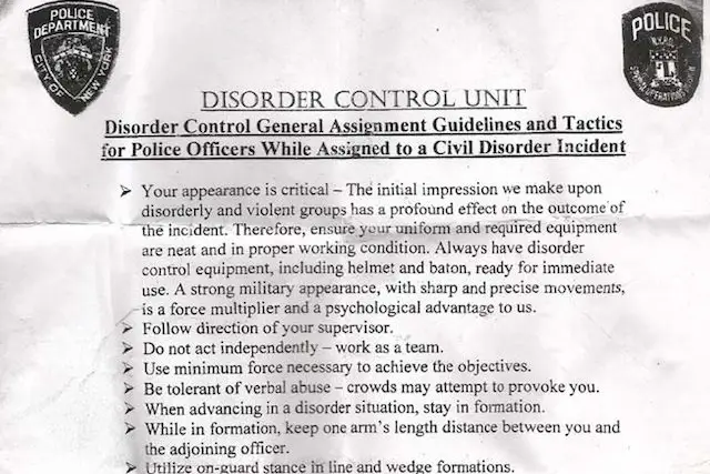A portion a document instructing NYPD officers on how to deal with protesters, via